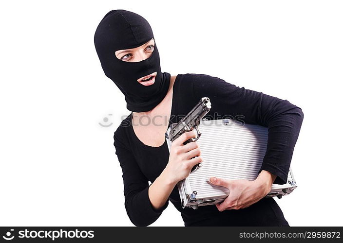 Criminal with gun isolated on white