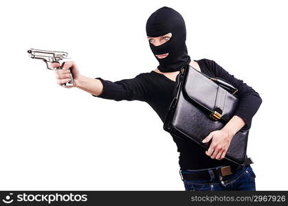 Criminal with gun isolated on white