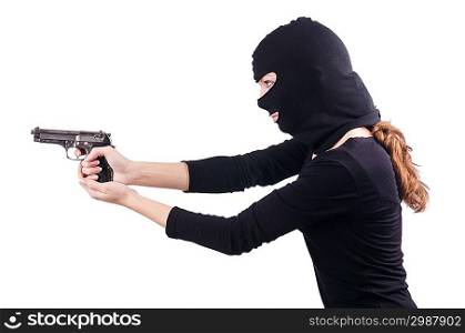 Criminal with gun isolated on white