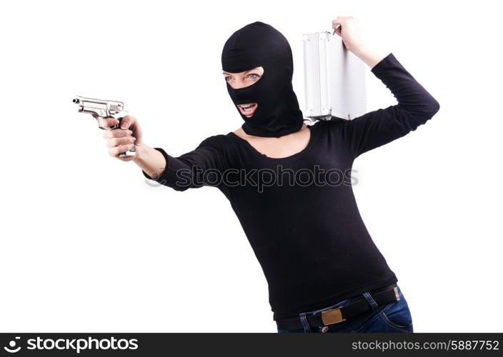 Criminal with gun isolated on white