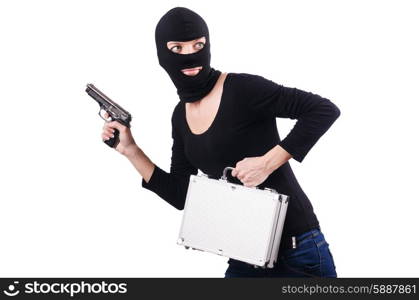 Criminal with gun isolated on white