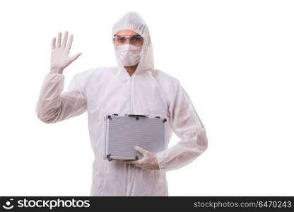 Criminologist in protective suit with steel case