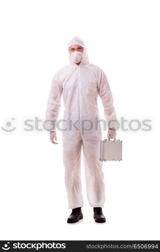 Criminologist in protective suit with steel case