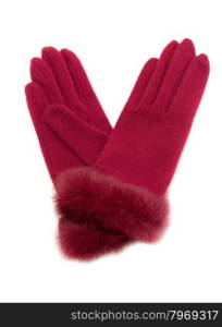 Crimson warm ladies&rsquo; gloves with fur. Isolate on white.