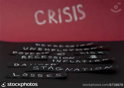 Crisis concept white text on red background. White texts on black background