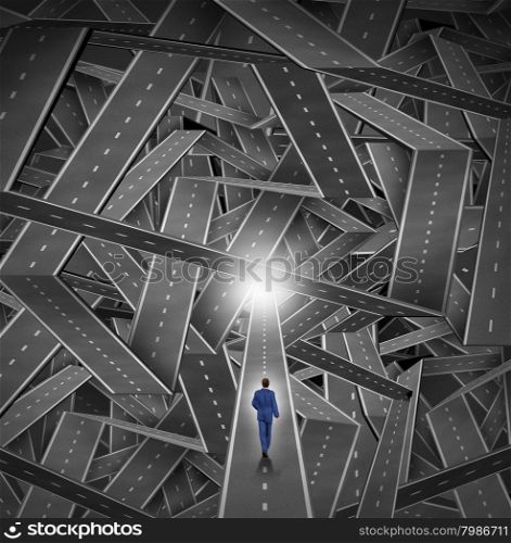 Crisis manager business concept as a businessman walkig through a maze and direction chaos with a mountain of tangled sharp turn roads as a financial metaphor for managing challenging organization situations with courage and expertise.