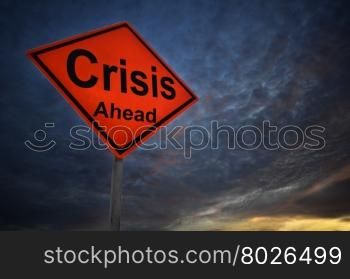 Crisis warning road sign with storm background