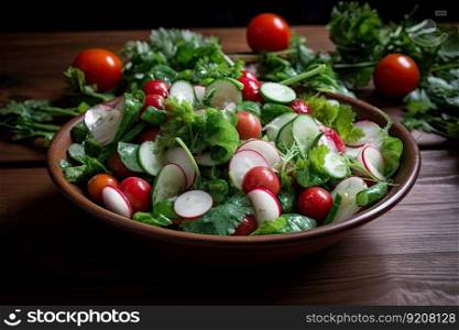 crisp and refreshing salad with radish, cucumbers, and cherry tomatoes, created with generative ai. crisp and refreshing salad with radish, cucumbers, and cherry tomatoes