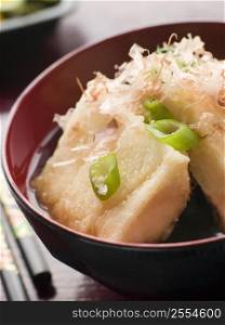 Crisp Fried Tofu in Miso with Bonito Flakes and Pickles