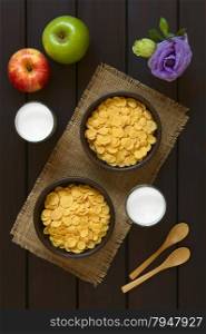 Crispy corn flakes breakfast cereal in rustic bowls with glasses of milk, apples, wooden spoons and flower on the side, photographed overhead on dark wood with natural light