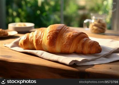 Crispy croissants on a wooden board with a towel on the table. Crispy croissants on a wooden board with a towel