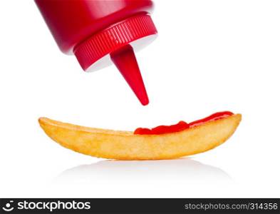 Crispy french fries potato macro with ketchup container on white background