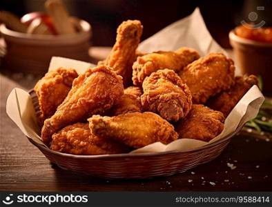 Crispy fried chicken drumsticks on fast food restaurant table.AI Generative