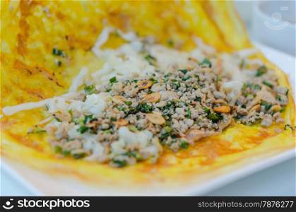 crispy omelet. close up Vietnamese stuffed crispy omelet on dish