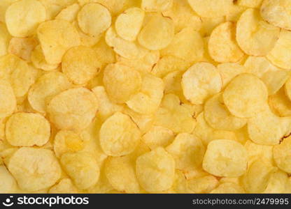 Crispy potato chips texture background top view