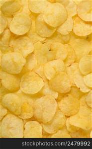 Crispy potato chips texture background top view closeup