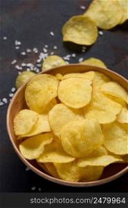 Crispy potato chips with salt in bowl