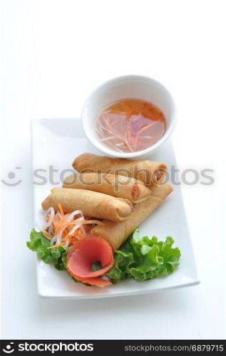 Crispy Vietnamese spring rolls or Cha Gio filled with ground chicken, shrimp, carrot, taro root and onion.