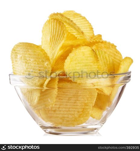 Crispy wavy chips in transparent plate isolated on white background. Crispy wavy chips in transparent plate
