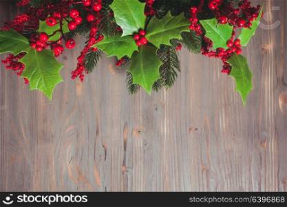 Cristmas Holly berry and fir twigs on the gray. Holly and fir twigs on wood wall