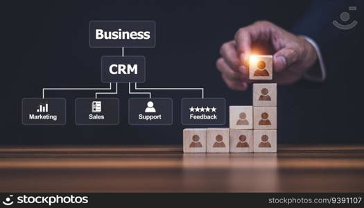 CRM Customer Relationship Management concept, Businessman using CRM software for business marketing, Customer management.