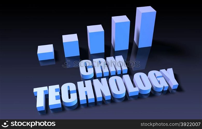 Crm technology. Crm technology graph chart in 3d on blue and black