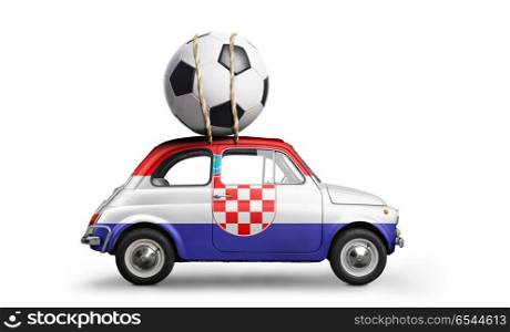 Croatia football car. Croatia flag on car delivering soccer or football ball isolated on white background