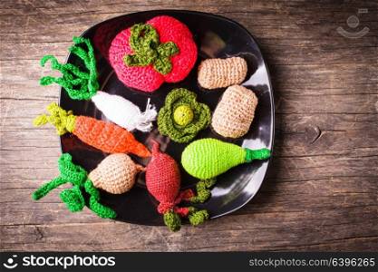 Crochet vegetables on a plate - eco toys for children and kitchen decor. Crochet tiny vegetables