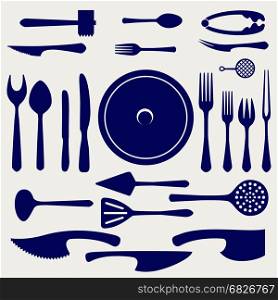 Crockery icons set on grey background. Crockery vector icons set. Spoon, knifes, forks, dish and other kitchen elements on grey background