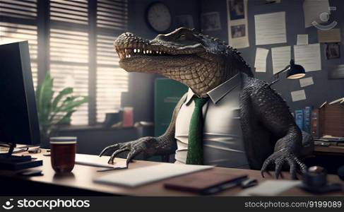 Crocodile boss working in the office. Animals in the Office. Workers as Animals, office space. Generative ai illustration. . Crocodile boss working in the office. Animals in the Office. Workers as Animals, office space. Generative ai. 