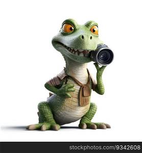 Crocodile with a camera on a white background. 3d illustration