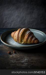 Croissant served on a ceramic plate background. Illustration Generative AI 