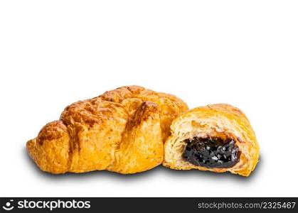 Croissants a whole and a half with blueberry jam on white background, clipping path.