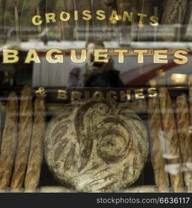 Croissants, baguettes and brioches on display at a bakery, New York City, New York State, USA