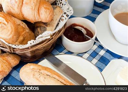 Croissants, bread and jam