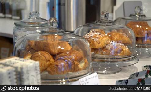 Croissants on display in a coffee shop