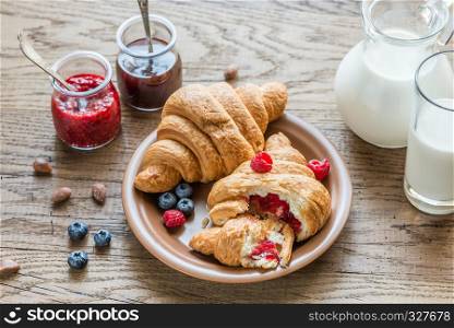 Croissants with fresh berries and jam