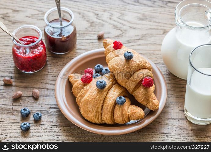 Croissants with fresh berries and jam