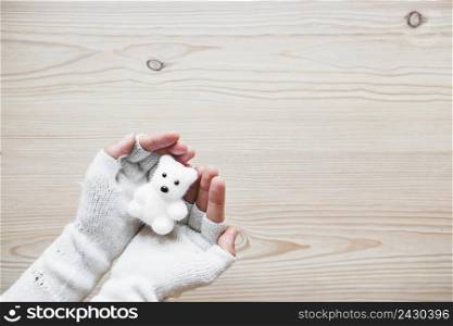crop hands mittens holding white bear