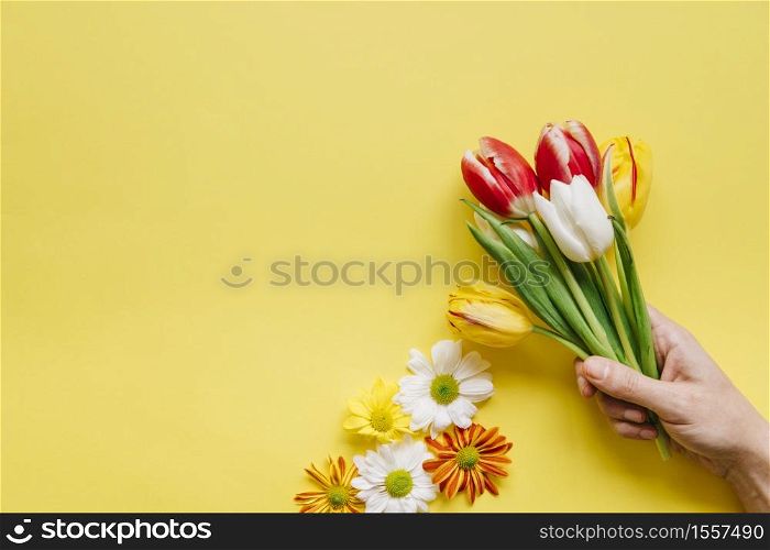 crop person holding pile tulips