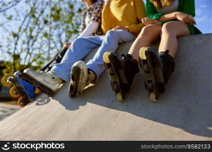 Crop view of rollerskaters team of teenage people sitting on r&in skate park. Extreme sports training and processional equipment for teens. Crop view of rollerskaters team of teenage people sitting on r&