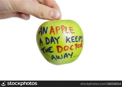 Cropped image of hand holding a granny smith apple with sayings text over white background