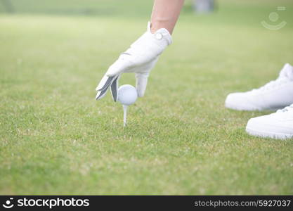 Cropped image of woman placing ball on golf tee