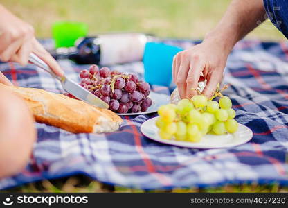 Cropped view of couples hands reaching for grapes on picnic blanket