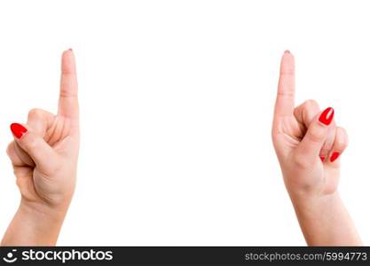 Cropped view of two hands pointing their index fingers upwards