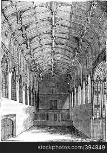 Crosby inside the large dining hall, vintage engraved illustration. Colorful History of England, 1837.