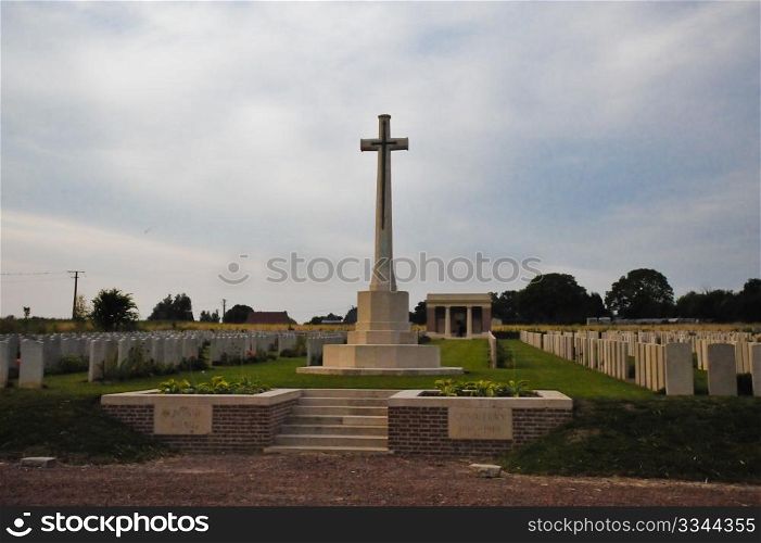 Cross at Maricourt war cemetery entrance, France
