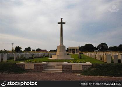 Cross at Maricourt war cemetery entrance, France