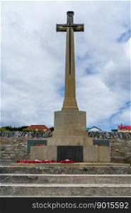 Cross by cemetery in memory of lost lives in the Great War in Stanley Falkland Islands. Memorial to deaths in Great War in Stanley Falkland Islands