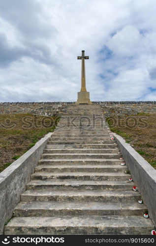 Cross by cemetery in memory of lost lives in the Great War in Stanley Falkland Islands. Memorial to deaths in Great War in Stanley Falkland Islands